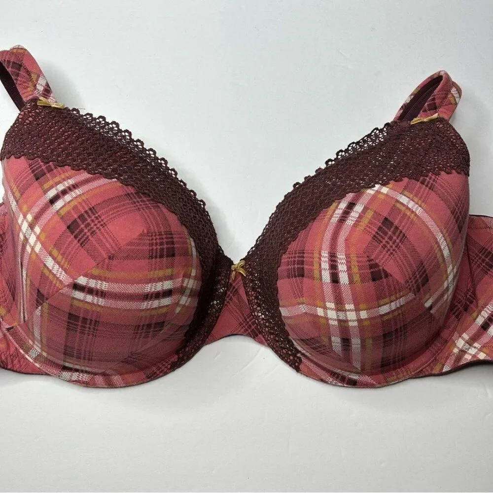 Cacique Plaid Red Lace Trim Lined T Shirt Bra 40H